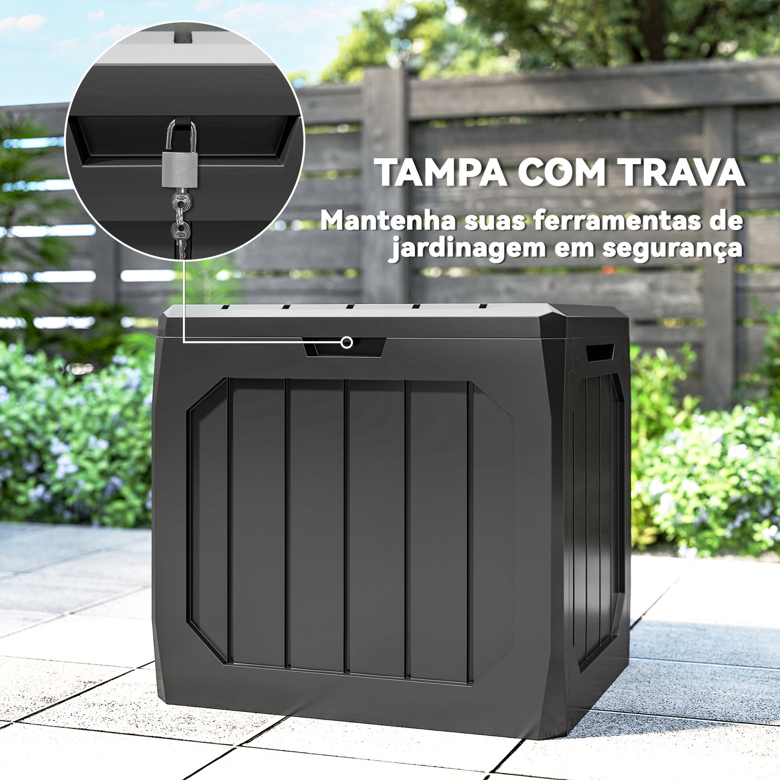 Baú de armazenamento exterior em plástico com capacidade de 121l 2 alças e tampa impermeável 56x45x53 cm preto