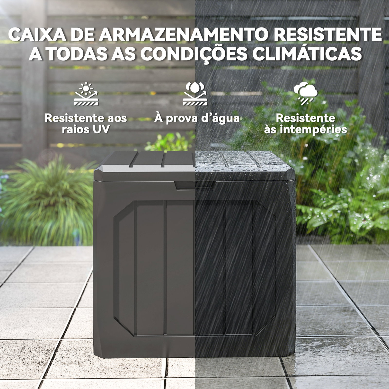 Baú de armazenamento exterior em plástico com capacidade de 121l 2 alças e tampa impermeável 56x45x53 cm preto