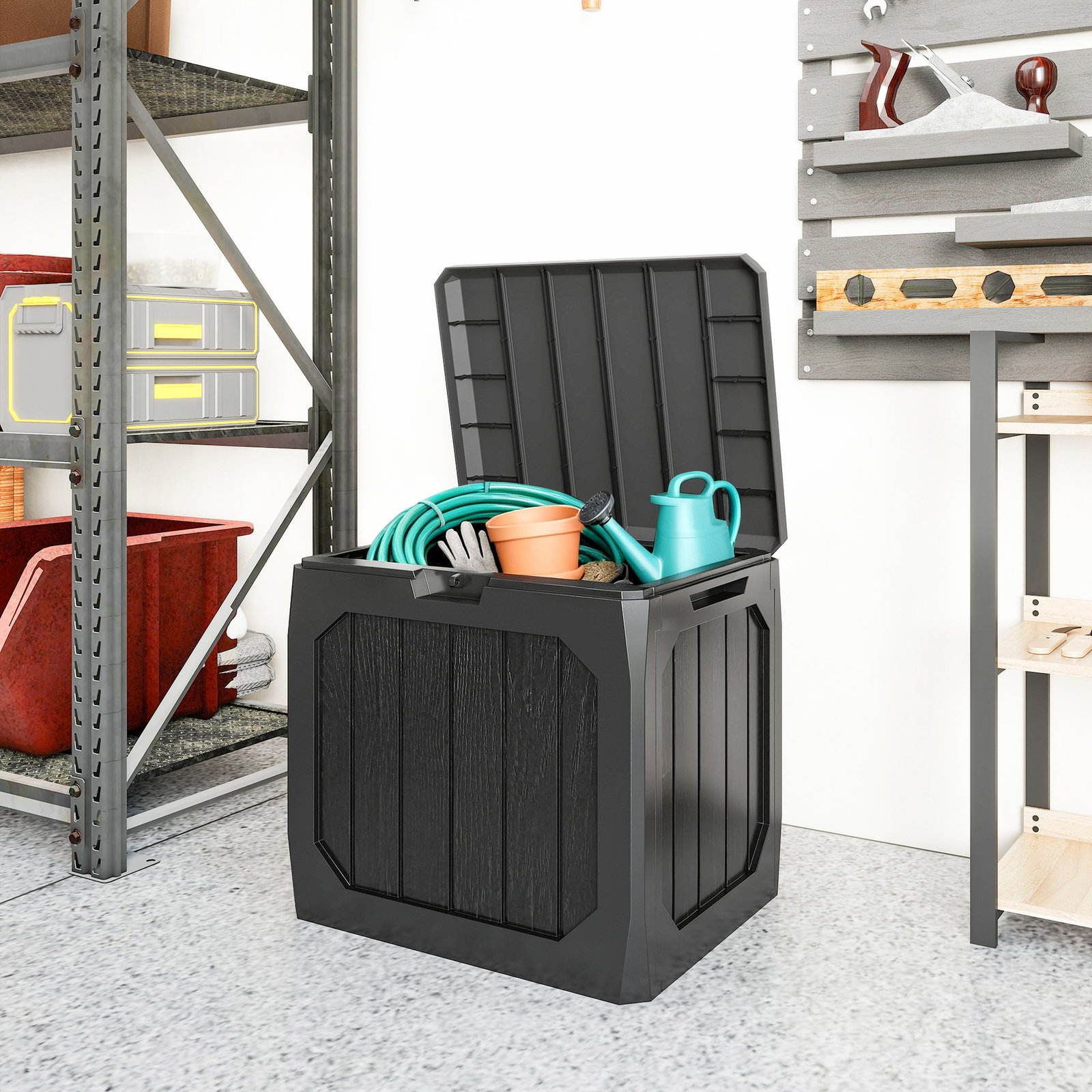 Baú de armazenamento exterior em plástico com capacidade de 121l 2 alças e tampa impermeável 56x45x53 cm preto