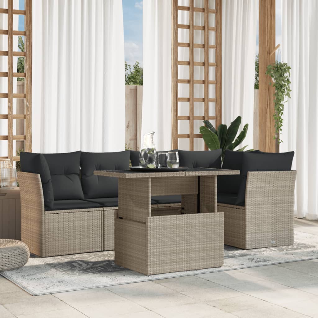 6 Pcs conj. sofás jardim com almofadões vime PE cinzento-claro
