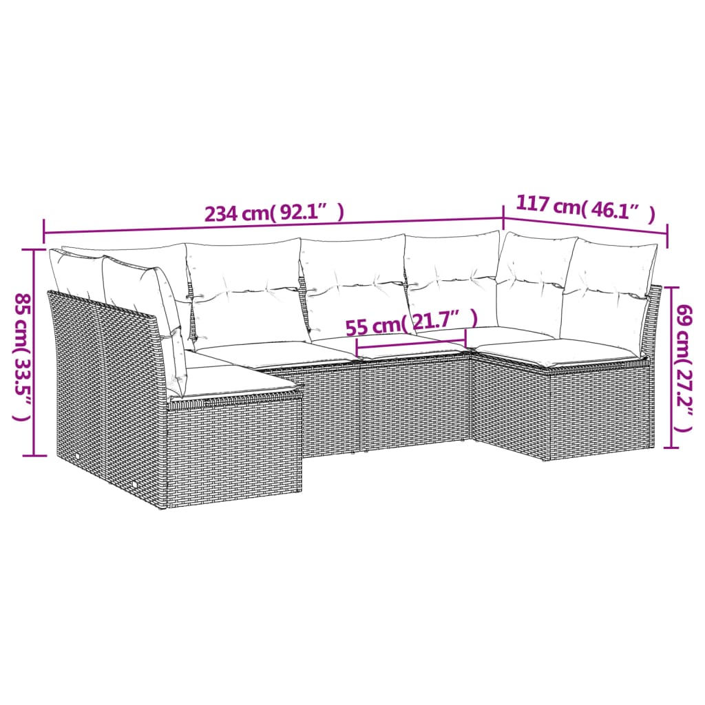6 Pcs conj. sofás jardim com almofadões vime PE cinzento-claro