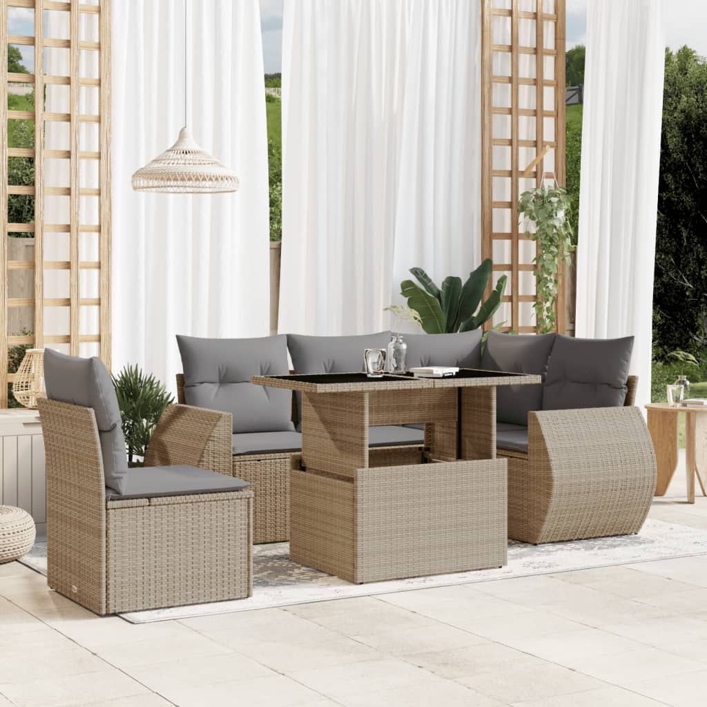 6 Pcs conjunto de sofás p/ jardim com almofadões vime PE bege