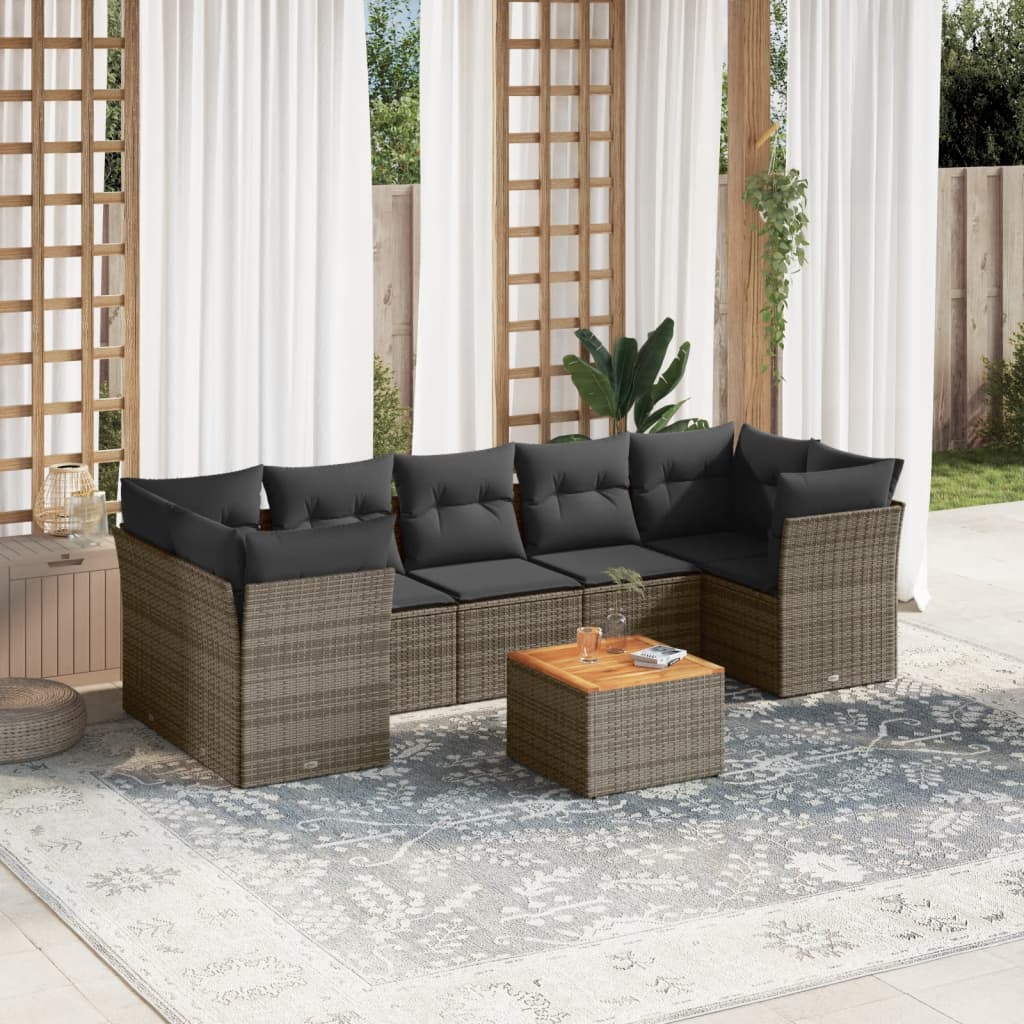 8 Pcs conjunto sofás de jardim c/ almofadões vime PE cinzento
