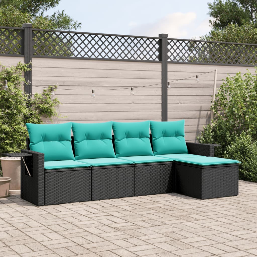 Conjunto de sofá de jardim de 5 peças com almofadas em rattan sintético preto