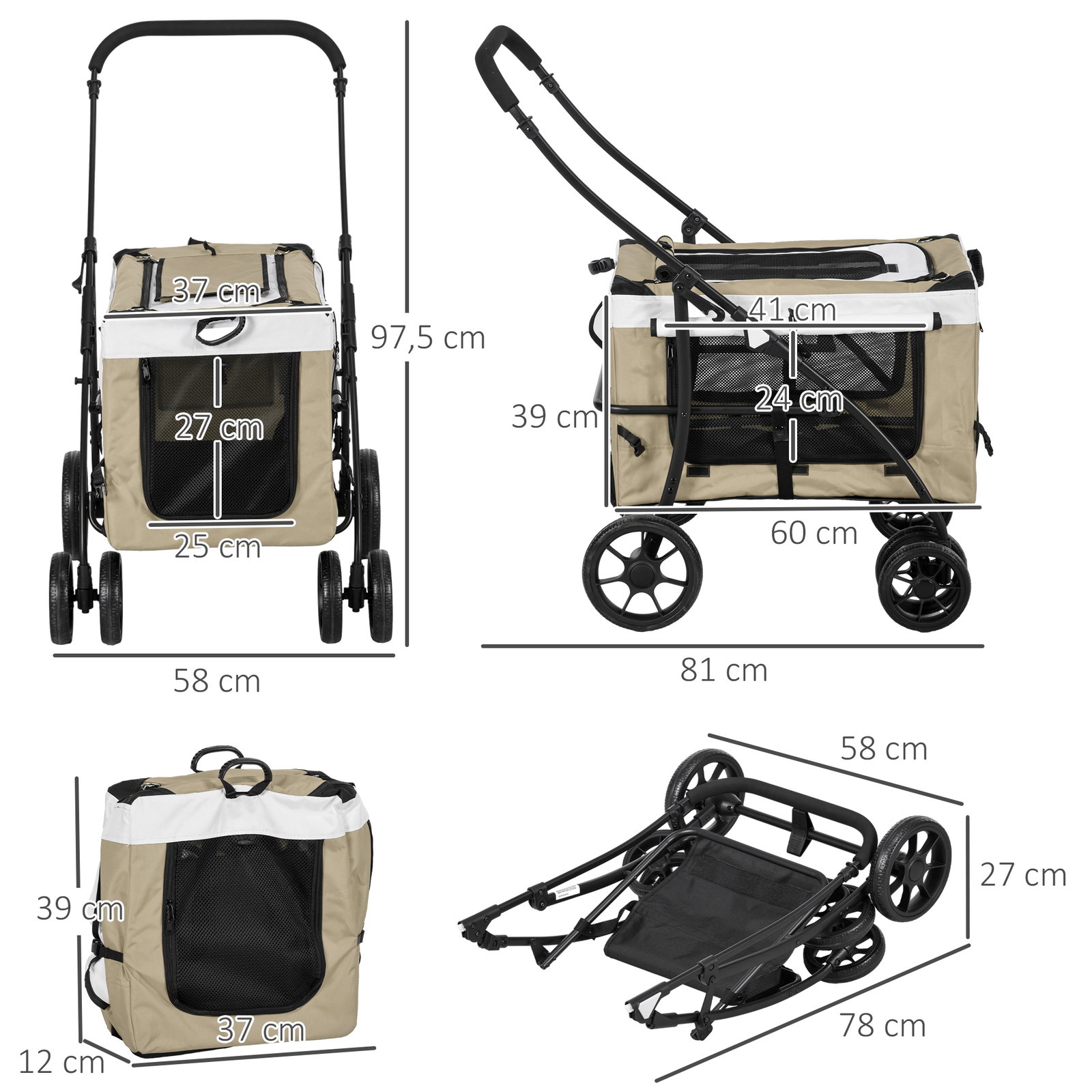 Carrinho para animais de estimação carrinho para cães dobrável com compartimento desmontável 4 portas 81x58x97,5 cm cáqui