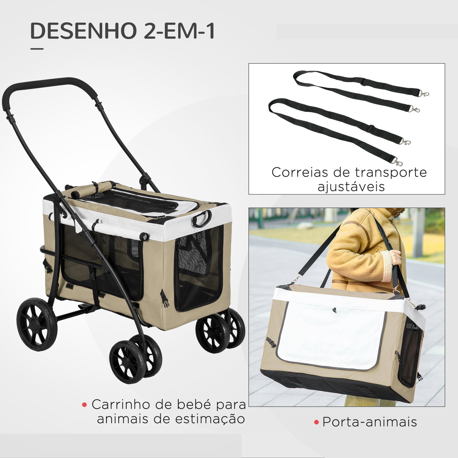 Carrinho para animais de estimação carrinho para cães dobrável com compartimento desmontável 4 portas 81x58x97,5 cm cáqui