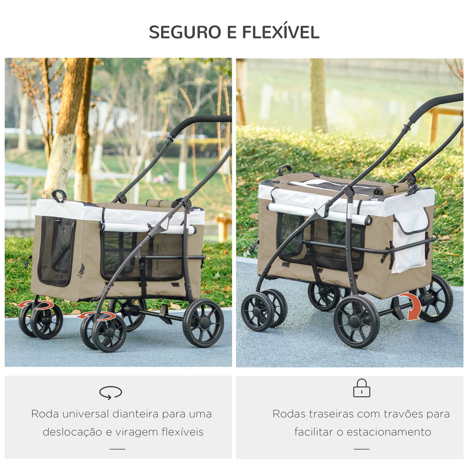 Carrinho para animais de estimação carrinho para cães dobrável com compartimento desmontável 4 portas 81x58x97,5 cm cáqui