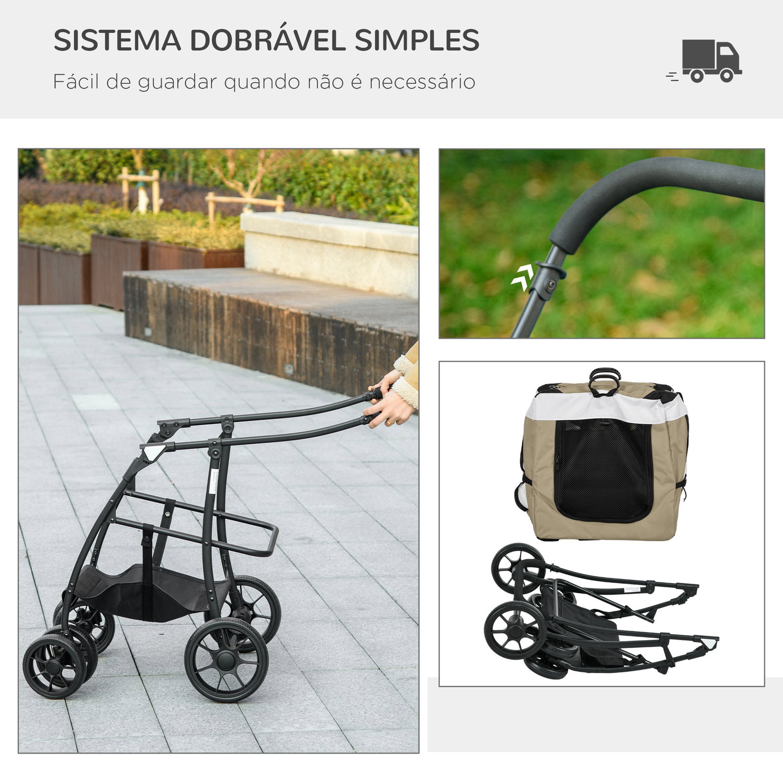 Carrinho para animais de estimação carrinho para cães dobrável com compartimento desmontável 4 portas 81x58x97,5 cm cáqui