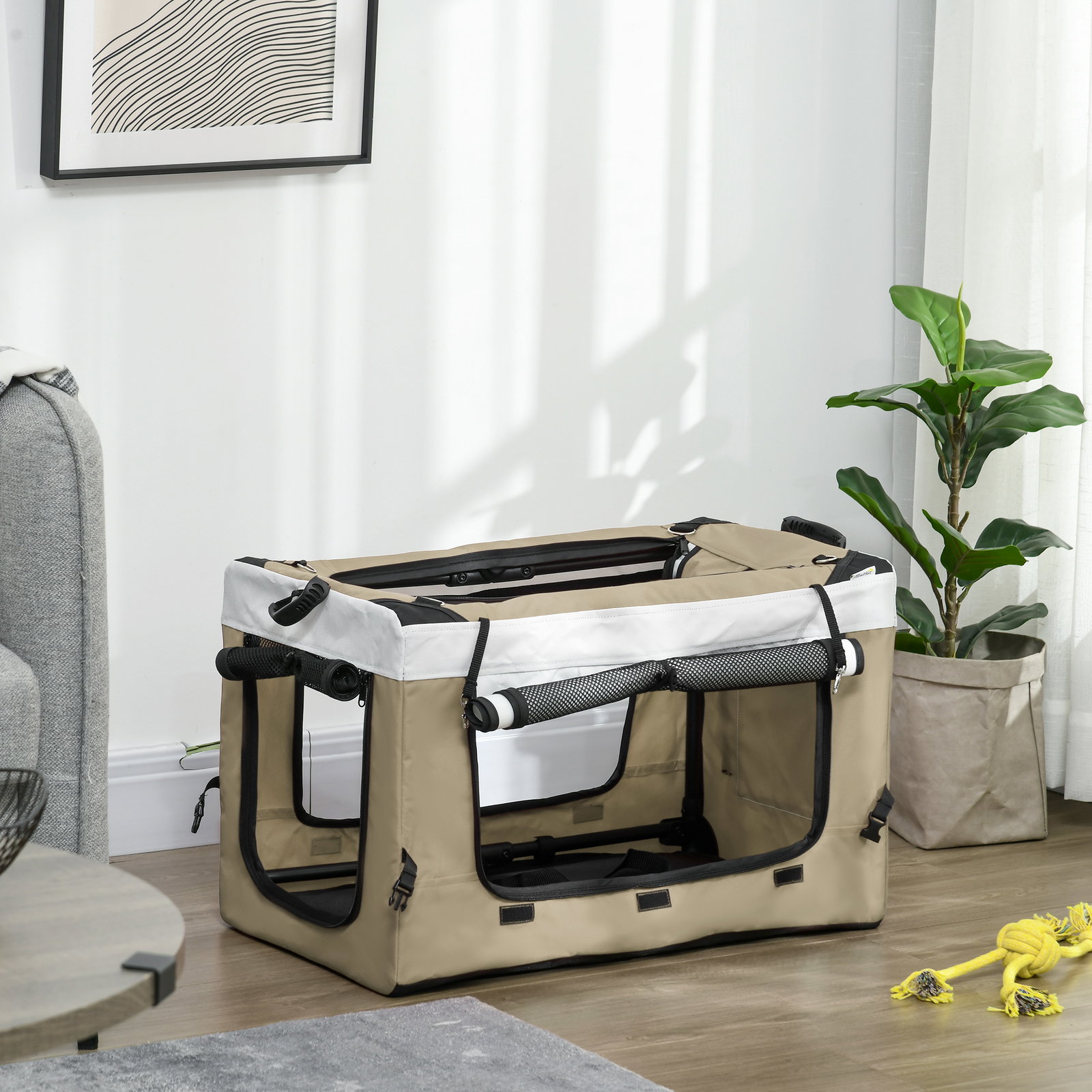 Carrinho para animais de estimação carrinho para cães dobrável com compartimento desmontável 4 portas 81x58x97,5 cm cáqui