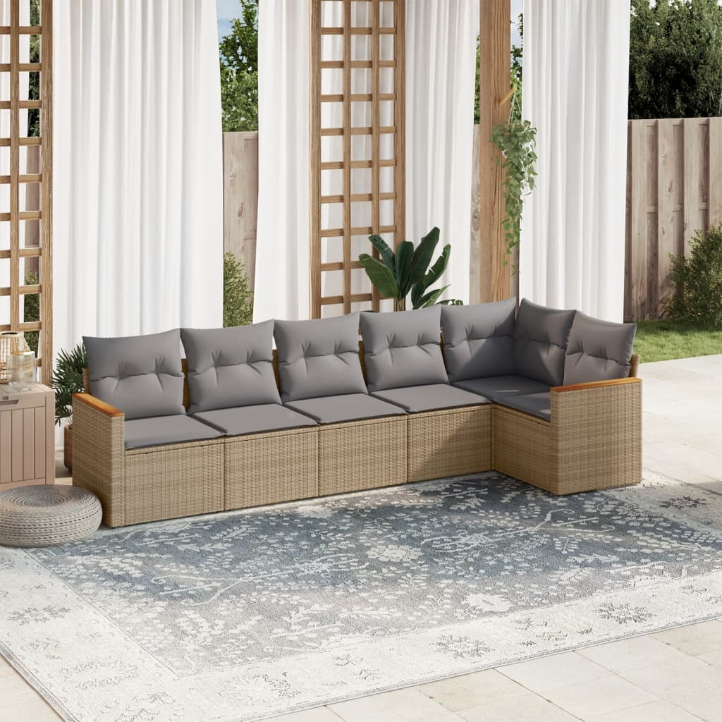 6 Pcs conj. sofás jardim c/ almofadões vime PE bege misturado