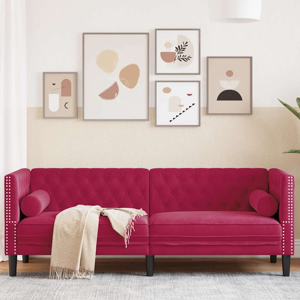Sofá chesterfield com rolos 3 lugares veludo vermelho tinto