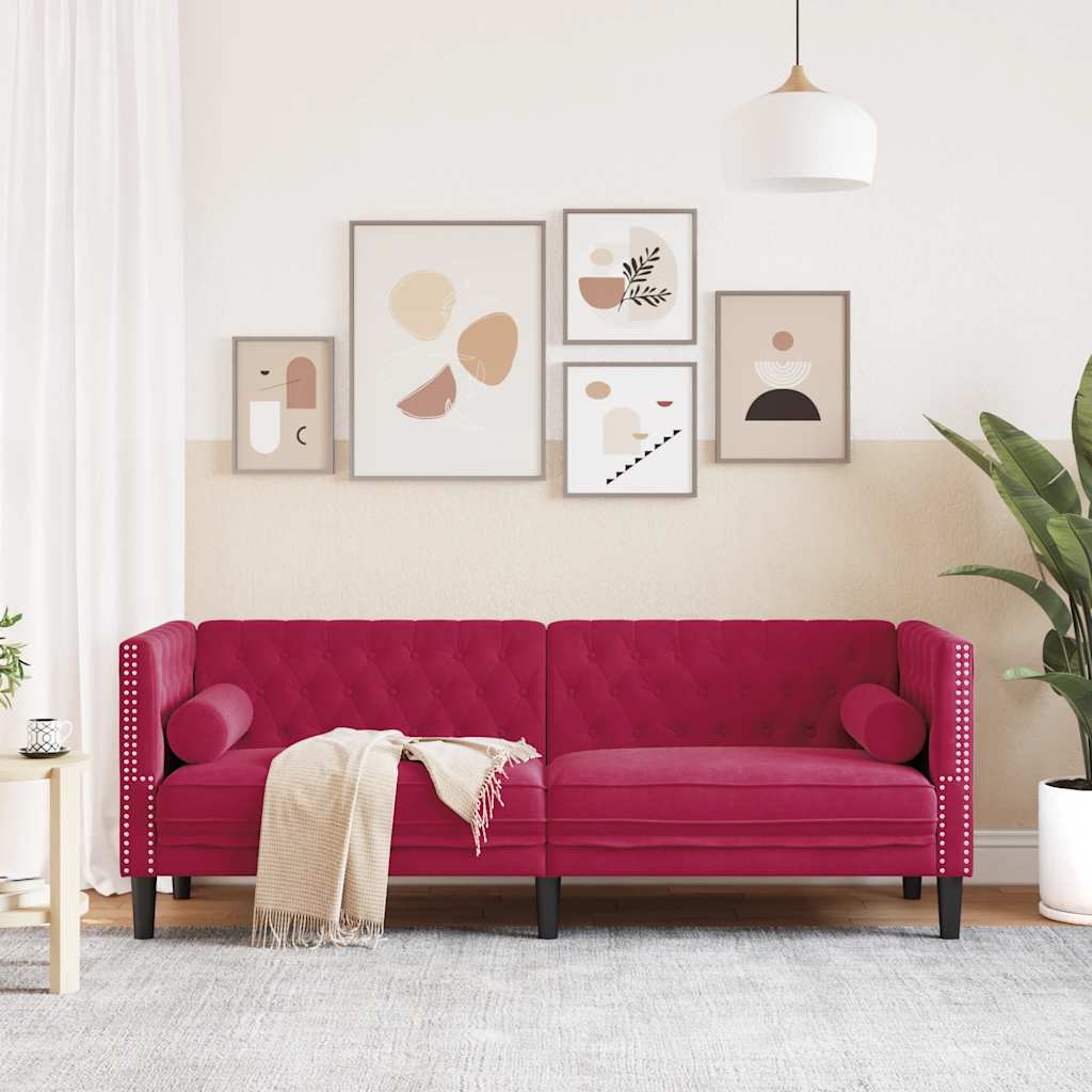 Sofá chesterfield com rolos 3 lugares veludo vermelho tinto