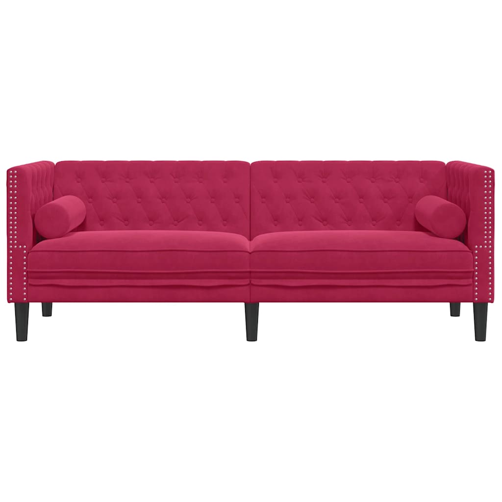 Sofá chesterfield com rolos 3 lugares veludo vermelho tinto