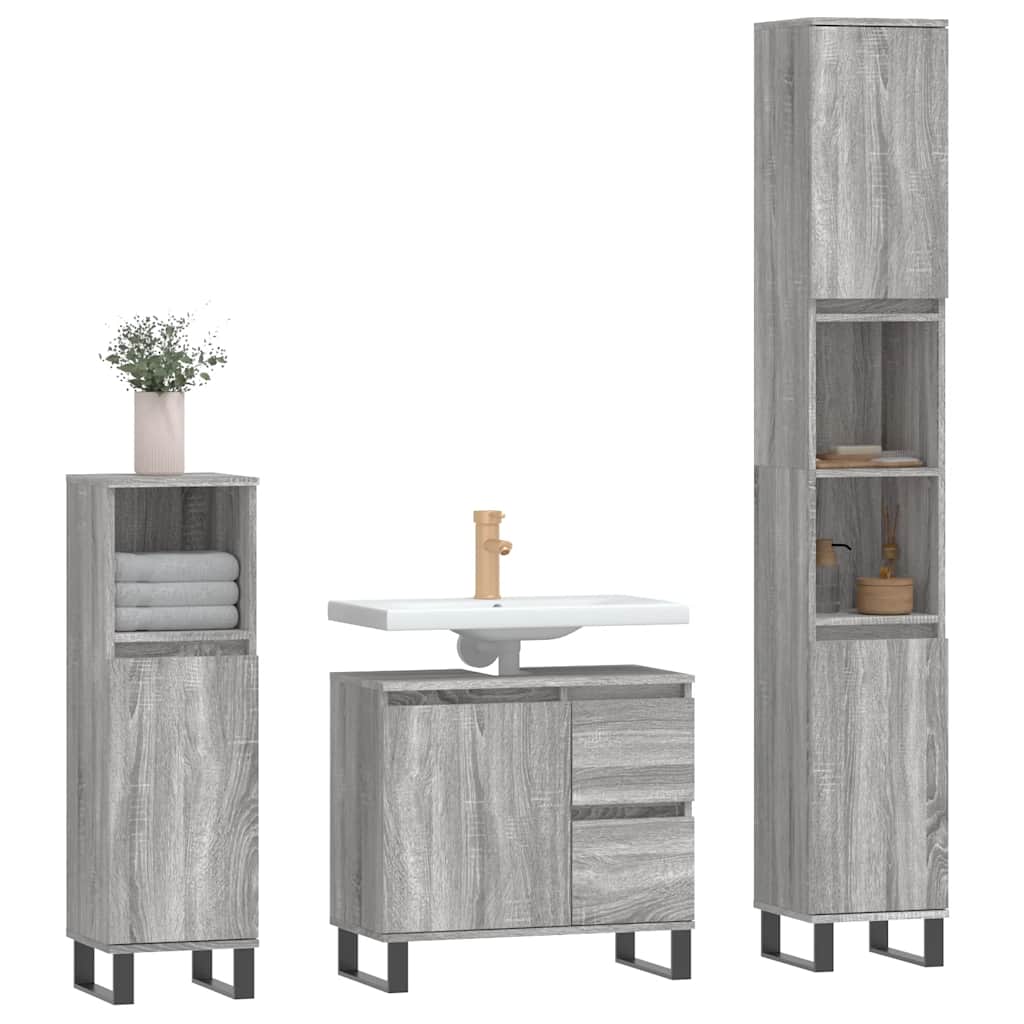 3 Pcs conjunto móveis casa de banho madeira proc. cinza sonoma
