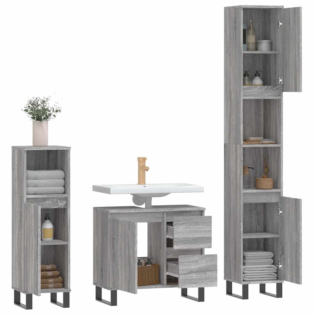 3 Pcs conjunto móveis casa de banho madeira proc. cinza sonoma