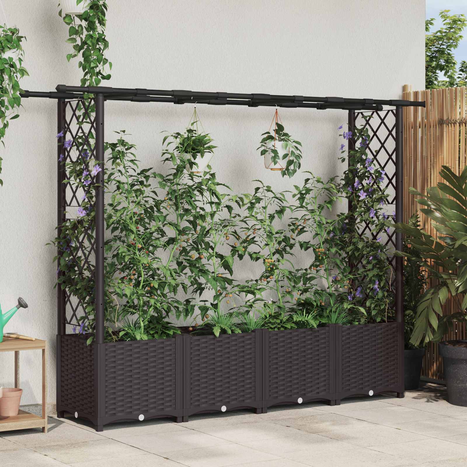 Cama elevada com treliça e telhado castanho 203 x 40 x 136 cm