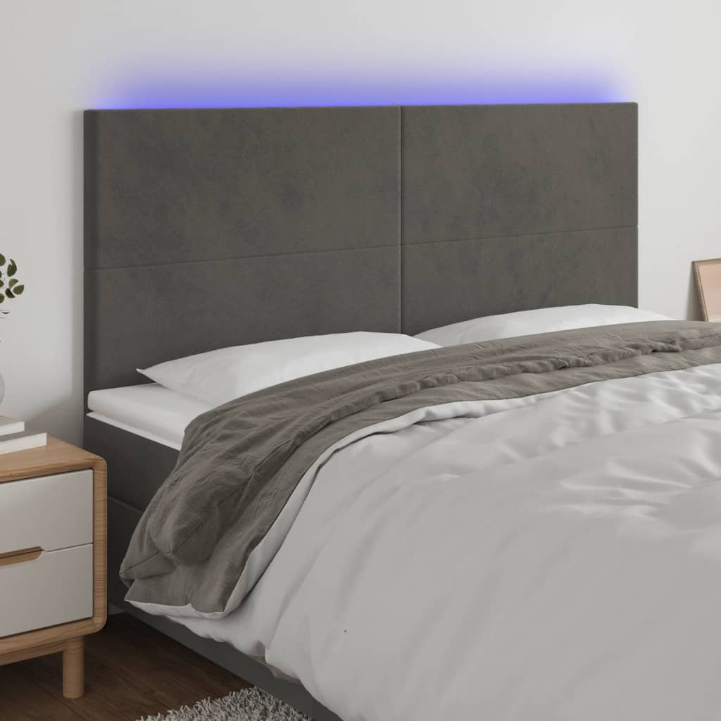 Cabeceira de cama c/ LED veludo 180x5x118/128 cm cinza-escuro