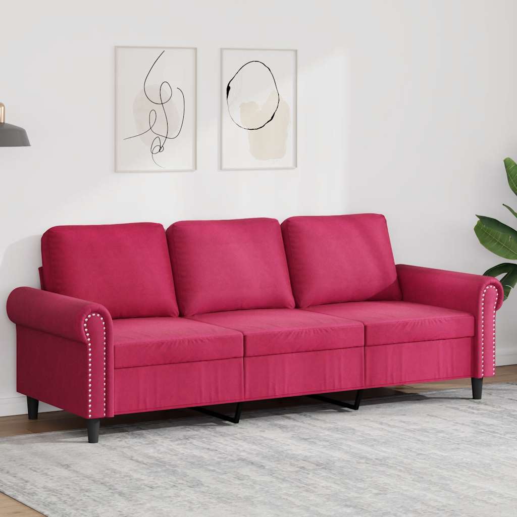 Sofá de 3 lugares veludo 180 cm vermelho tinto