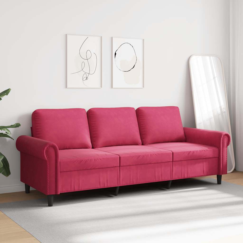 Sofá de 3 lugares veludo 180 cm vermelho tinto