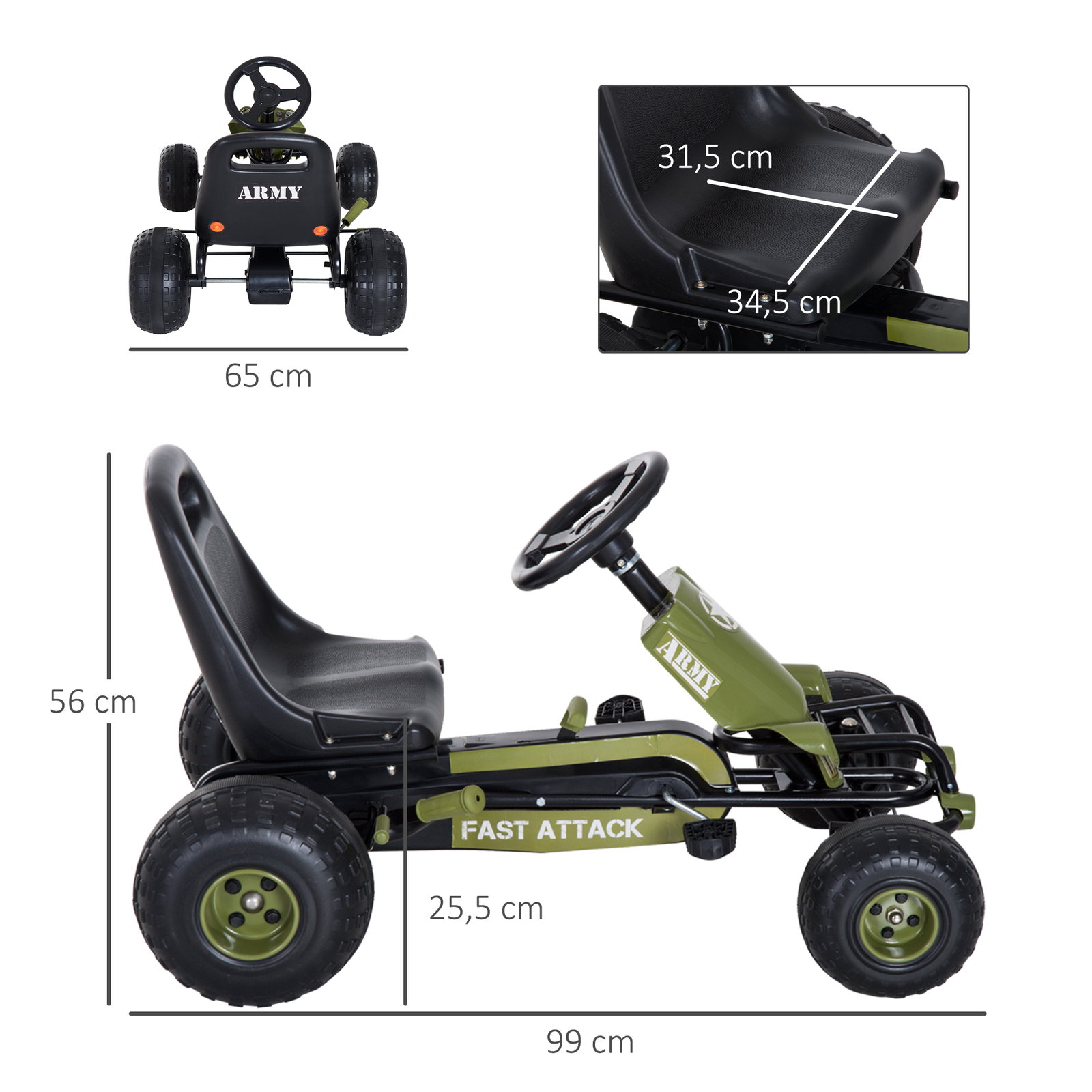 Kart a Pedais com Assento Ajustável Embreagem Travão de Mão para Crianças de 3-6 Anos 99x65x56 cm Verde e Preto