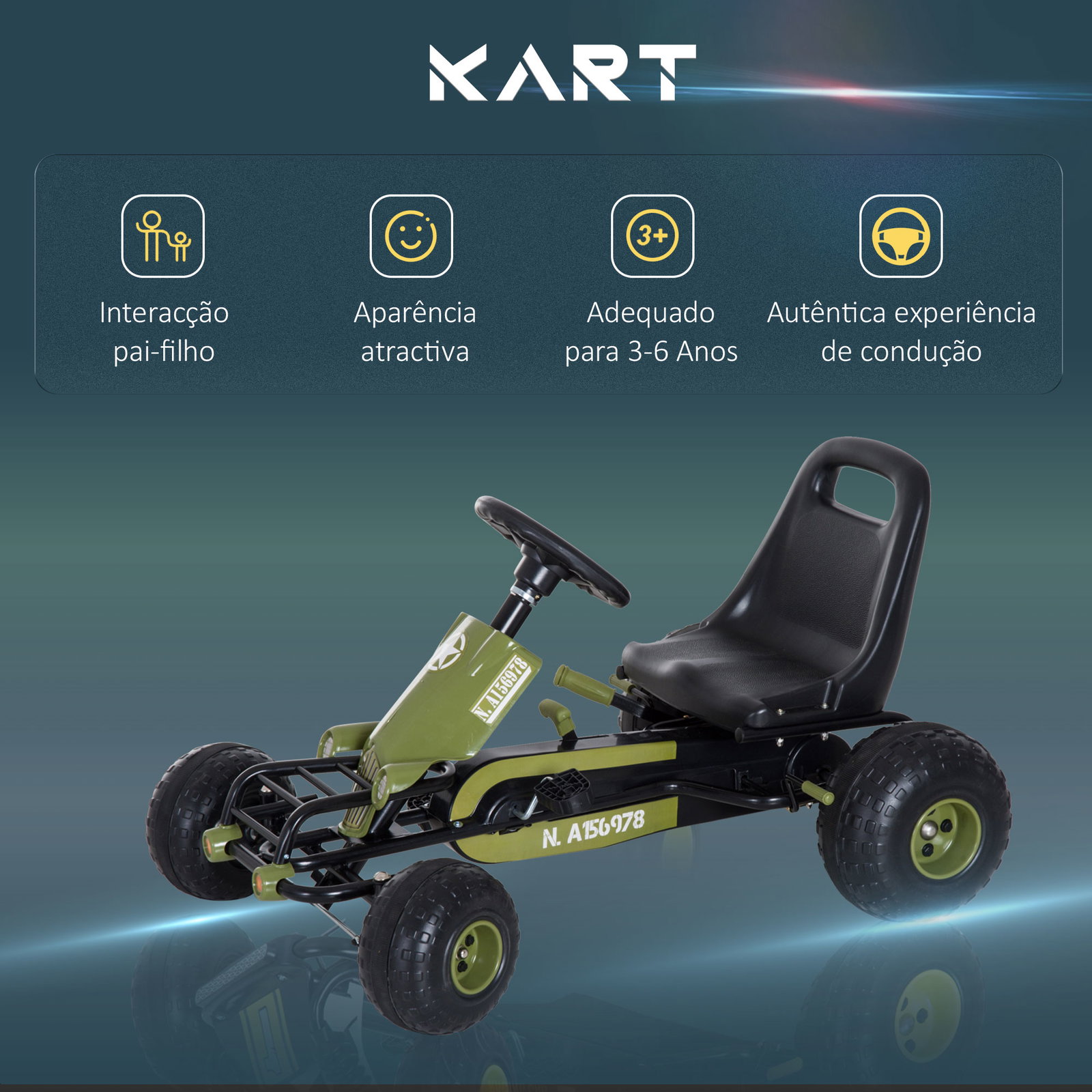 Kart a Pedais com Assento Ajustável Embreagem Travão de Mão para Crianças de 3-6 Anos 99x65x56 cm Verde e Preto