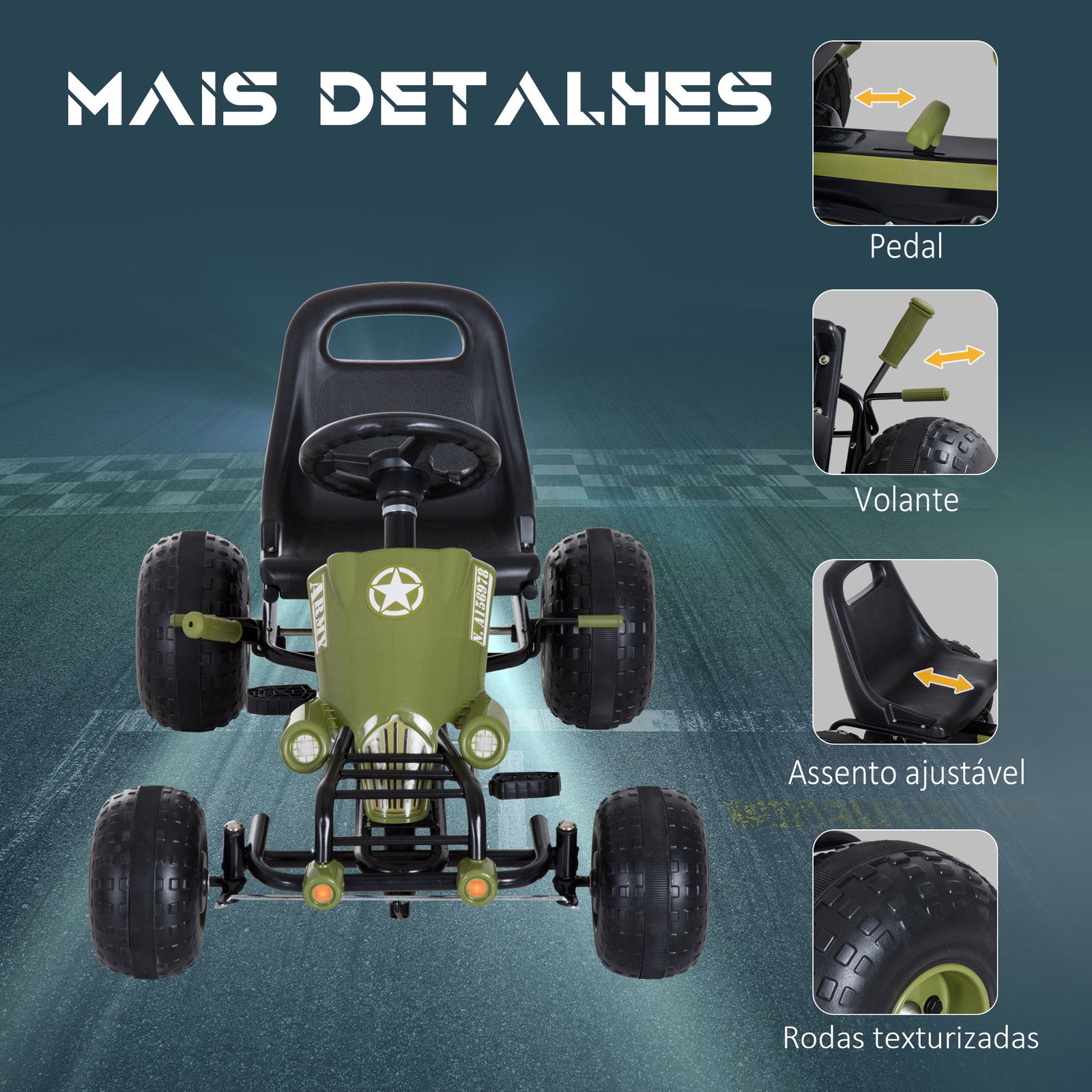 Kart a Pedais com Assento Ajustável Embreagem Travão de Mão para Crianças de 3-6 Anos 99x65x56 cm Verde e Preto