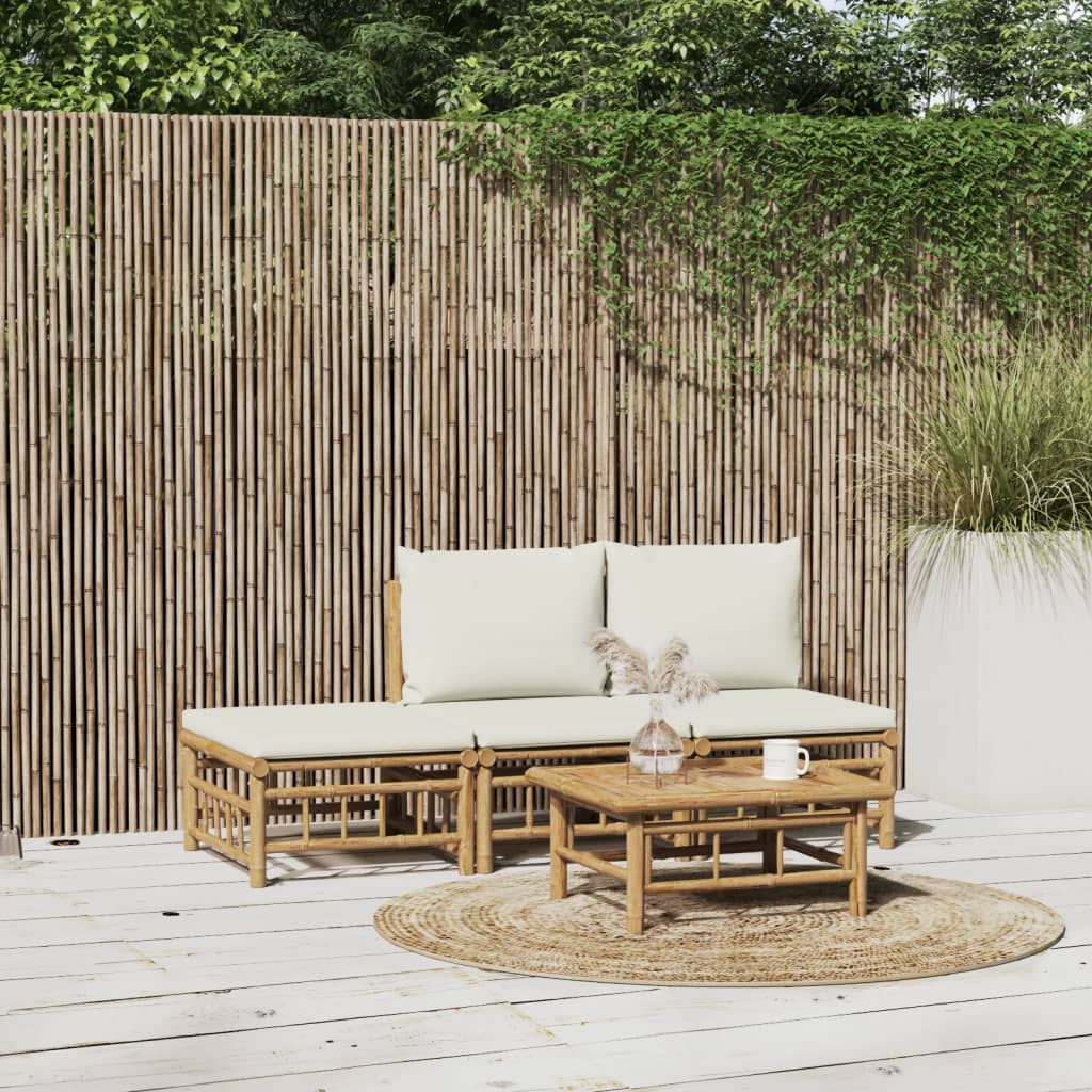 4 Pcs conjunto lounge de jardim bambu c/ almofadões branco nata