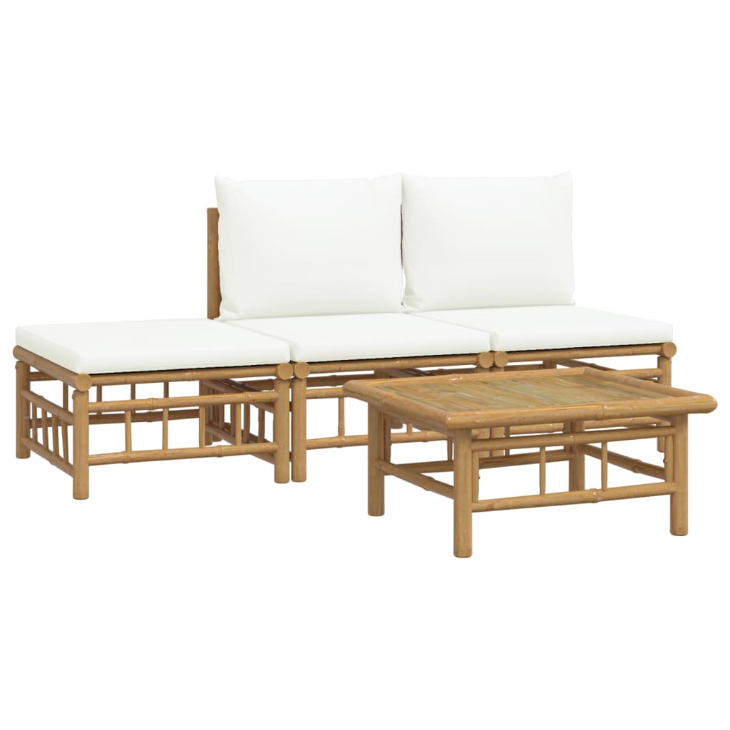 4 Pcs conjunto lounge de jardim bambu c/ almofadões branco nata