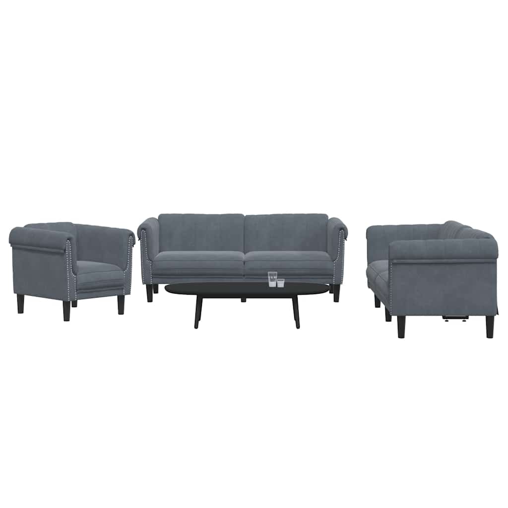 3 Pcs conjunto de sofás veludo cinzento-escuro