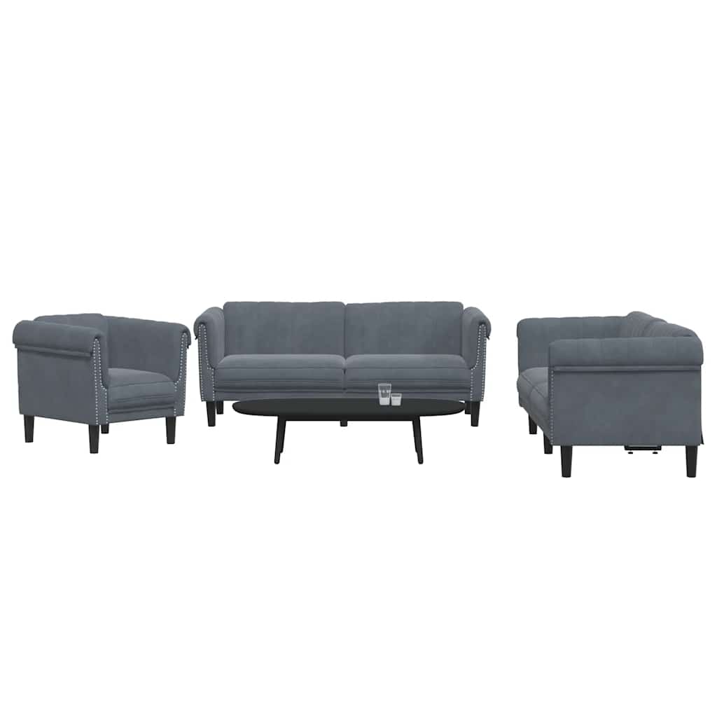 3 Pcs conjunto de sofás veludo cinzento-escuro