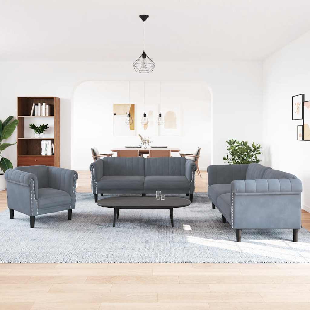 3 Pcs conjunto de sofás veludo cinzento-escuro