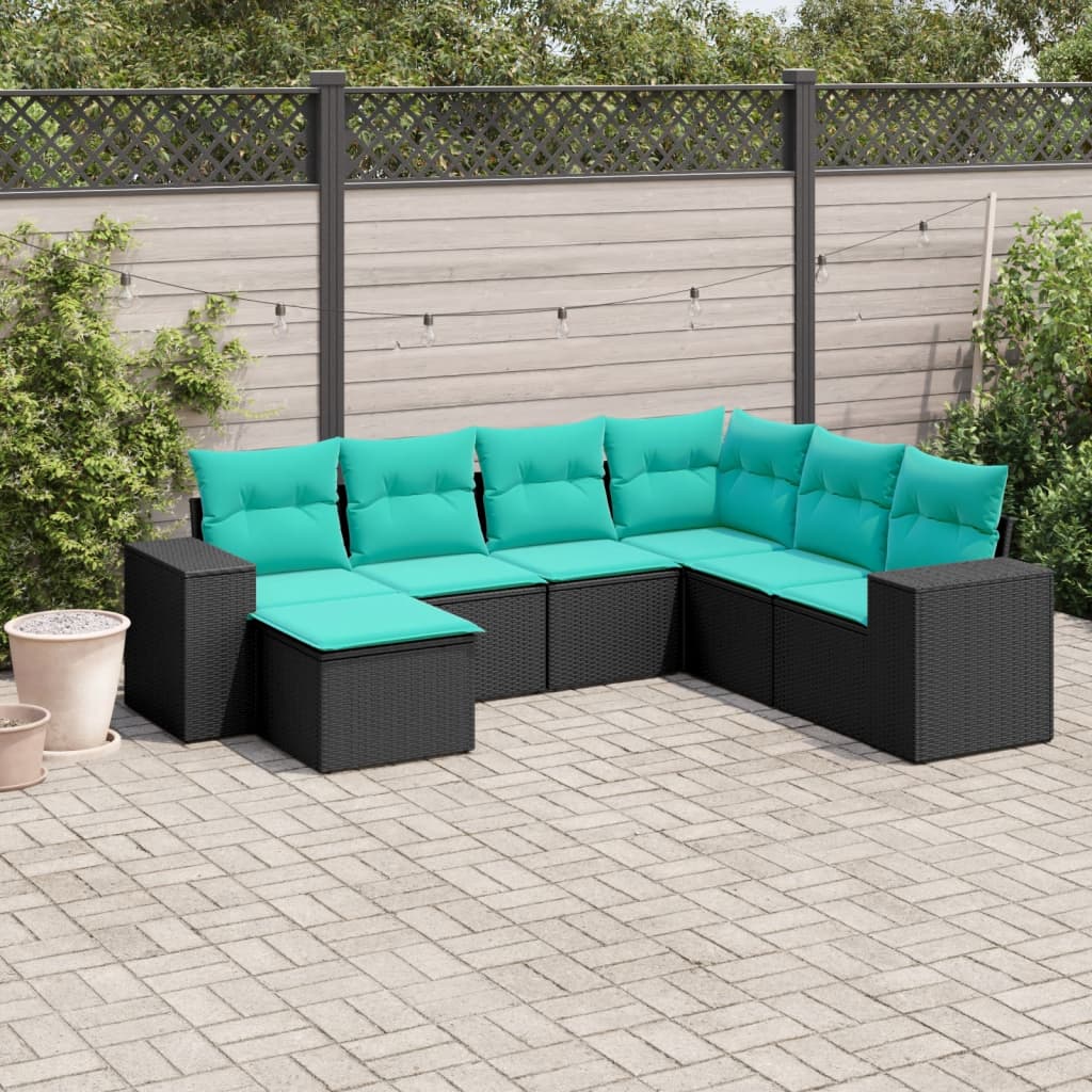 Conjunto de sofá de jardim com 7 peças e almofadas em rattan sintético preto