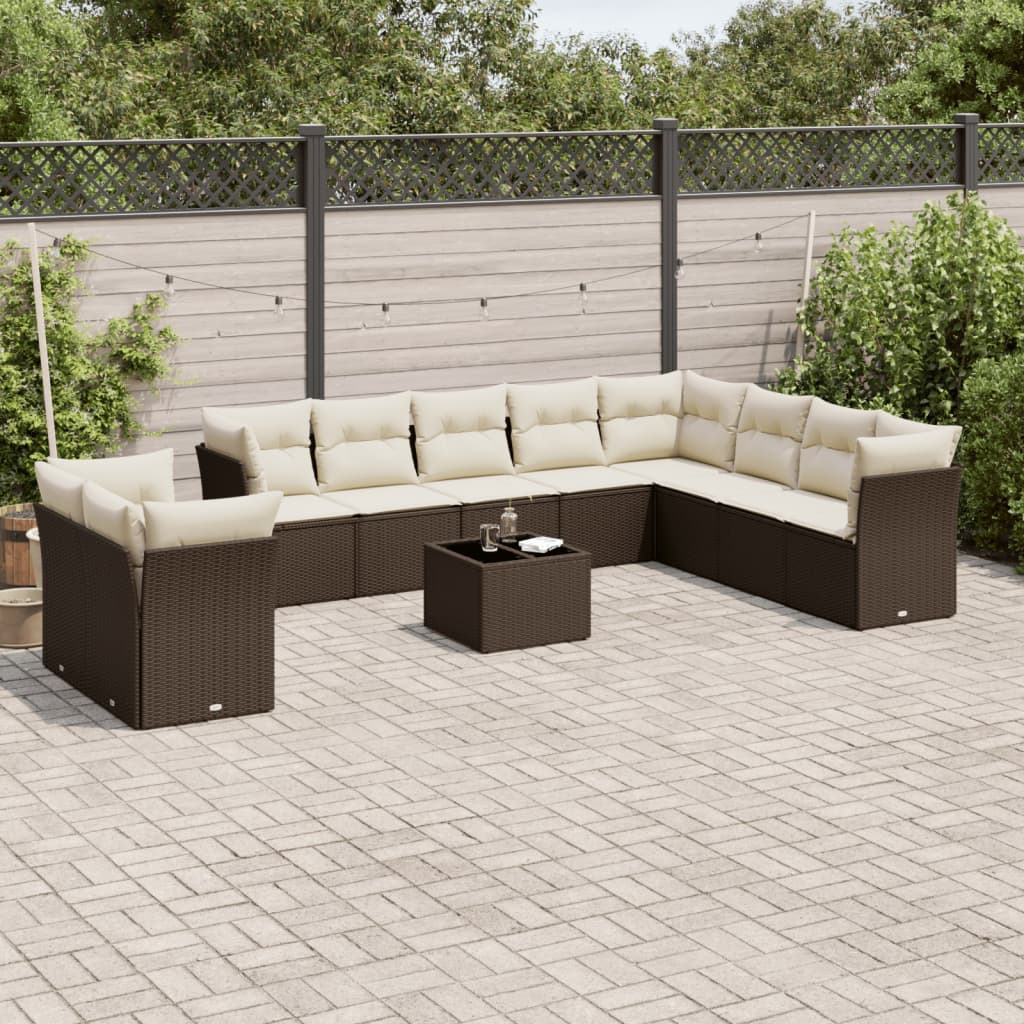 11 Pcs conjunto sofás de jardim c/ almofadões vime PE castanho