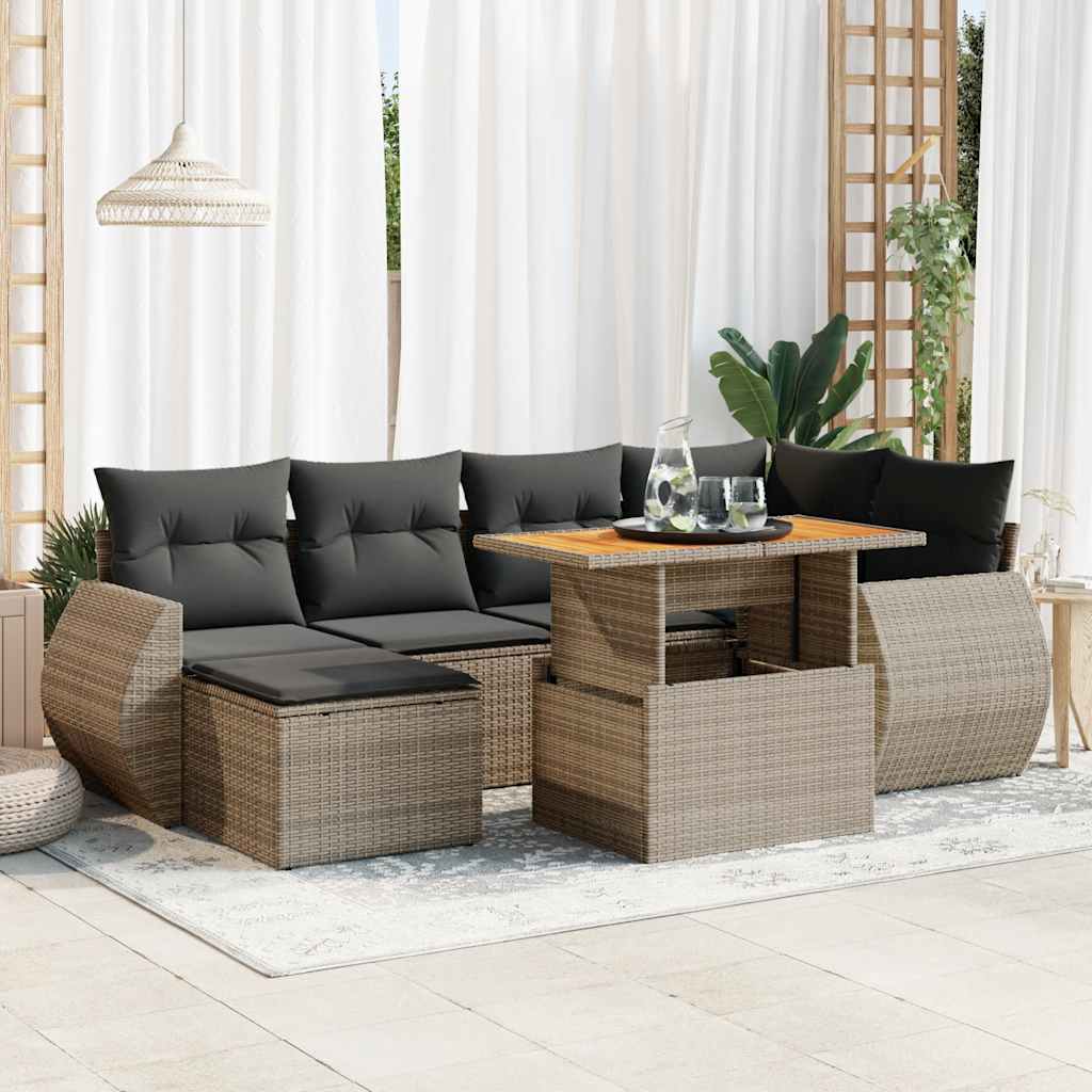 7 Pcs conjunto sofás p/ jardim c/ almofadões vime PE cinzento