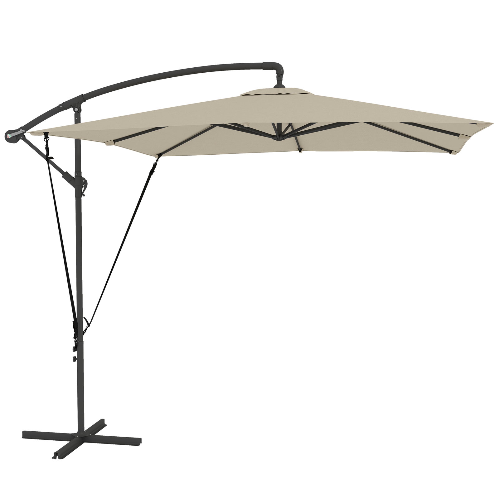 Chapéu de sol excêntrico 247x247 cm com base cruzada, manivela, capa protetora e toldo giratório 360° 247x247x256 cm caqui
