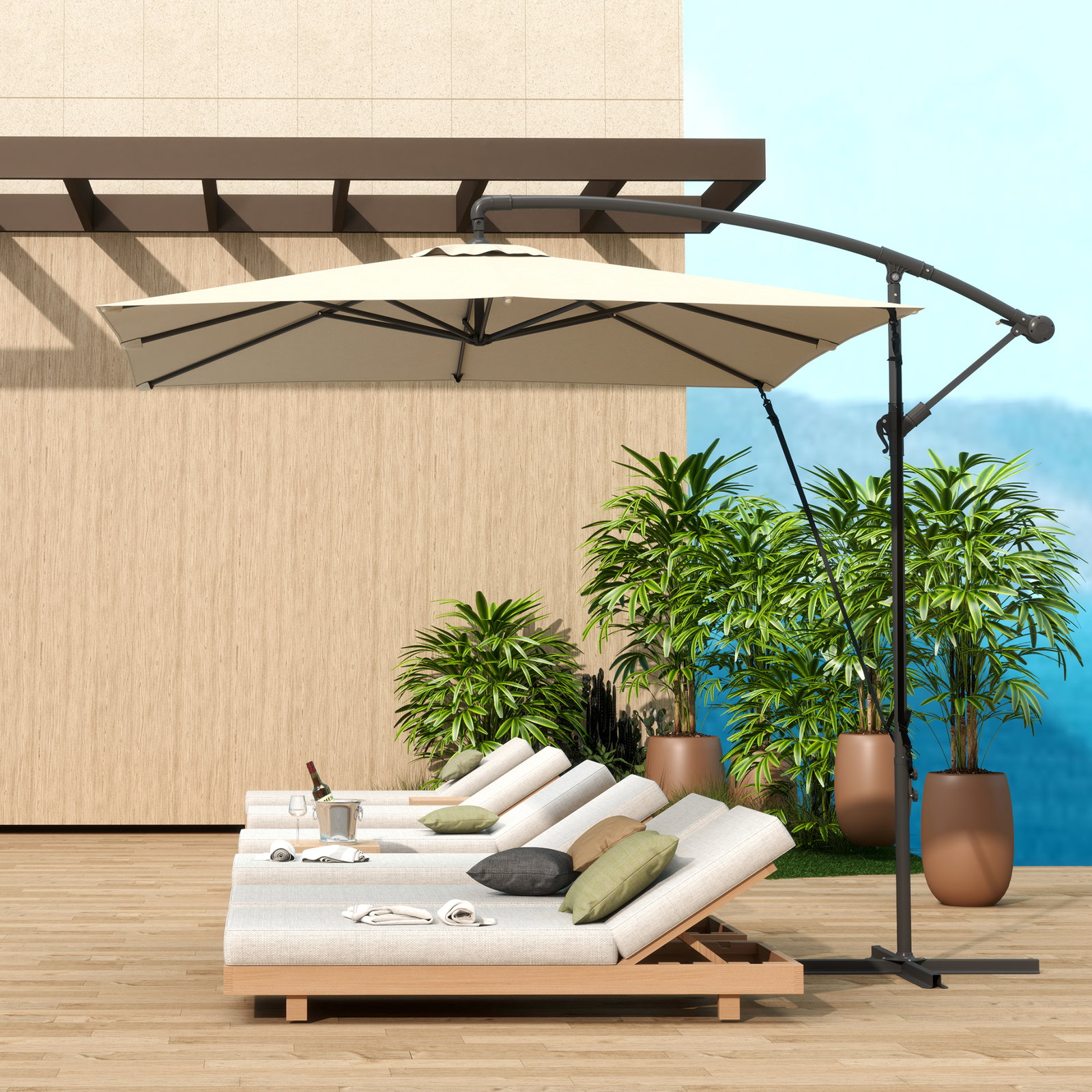 Chapéu de sol excêntrico 247x247 cm com base cruzada, manivela, capa protetora e toldo giratório 360° 247x247x256 cm caqui