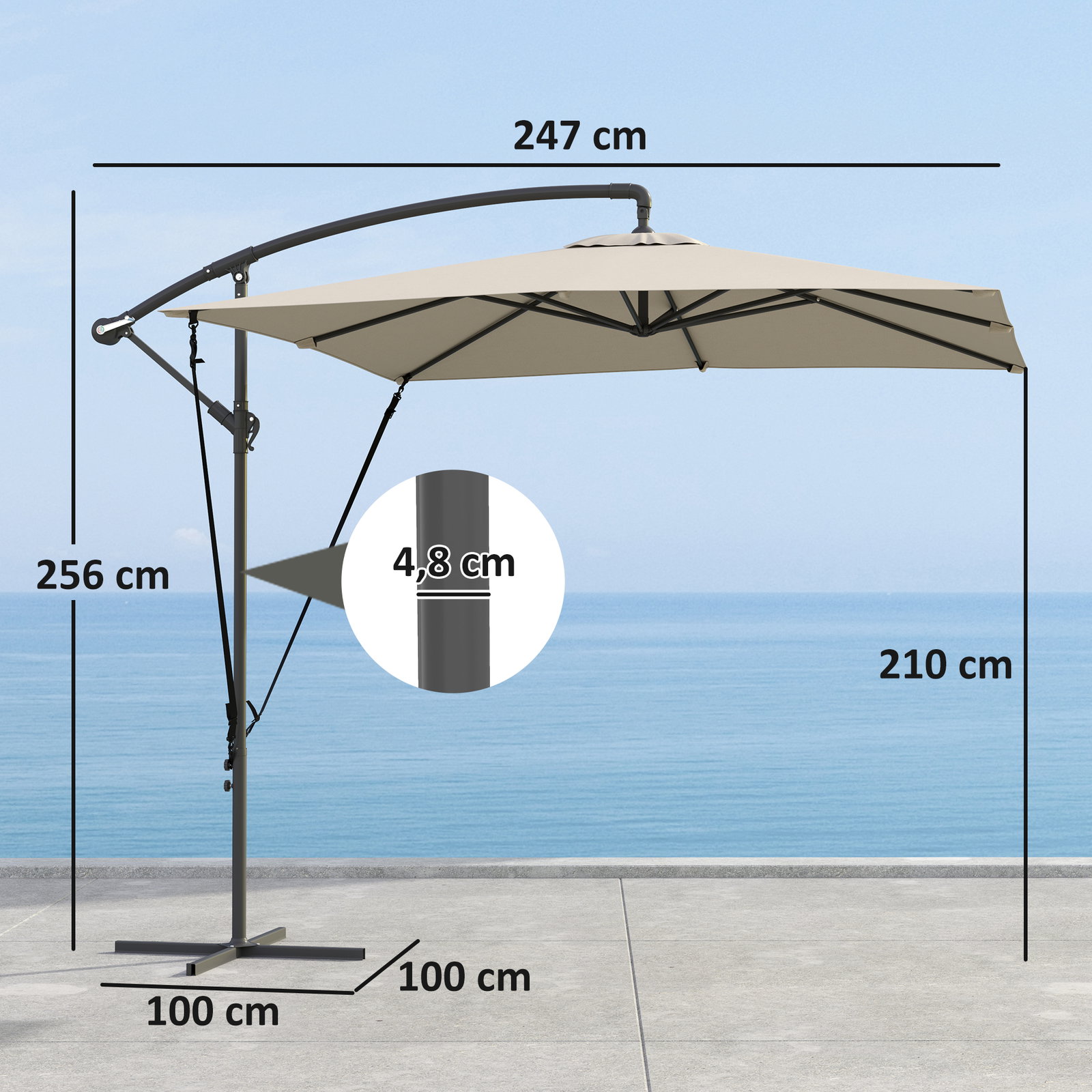 Chapéu de sol excêntrico 247x247 cm com base cruzada, manivela, capa protetora e toldo giratório 360° 247x247x256 cm caqui