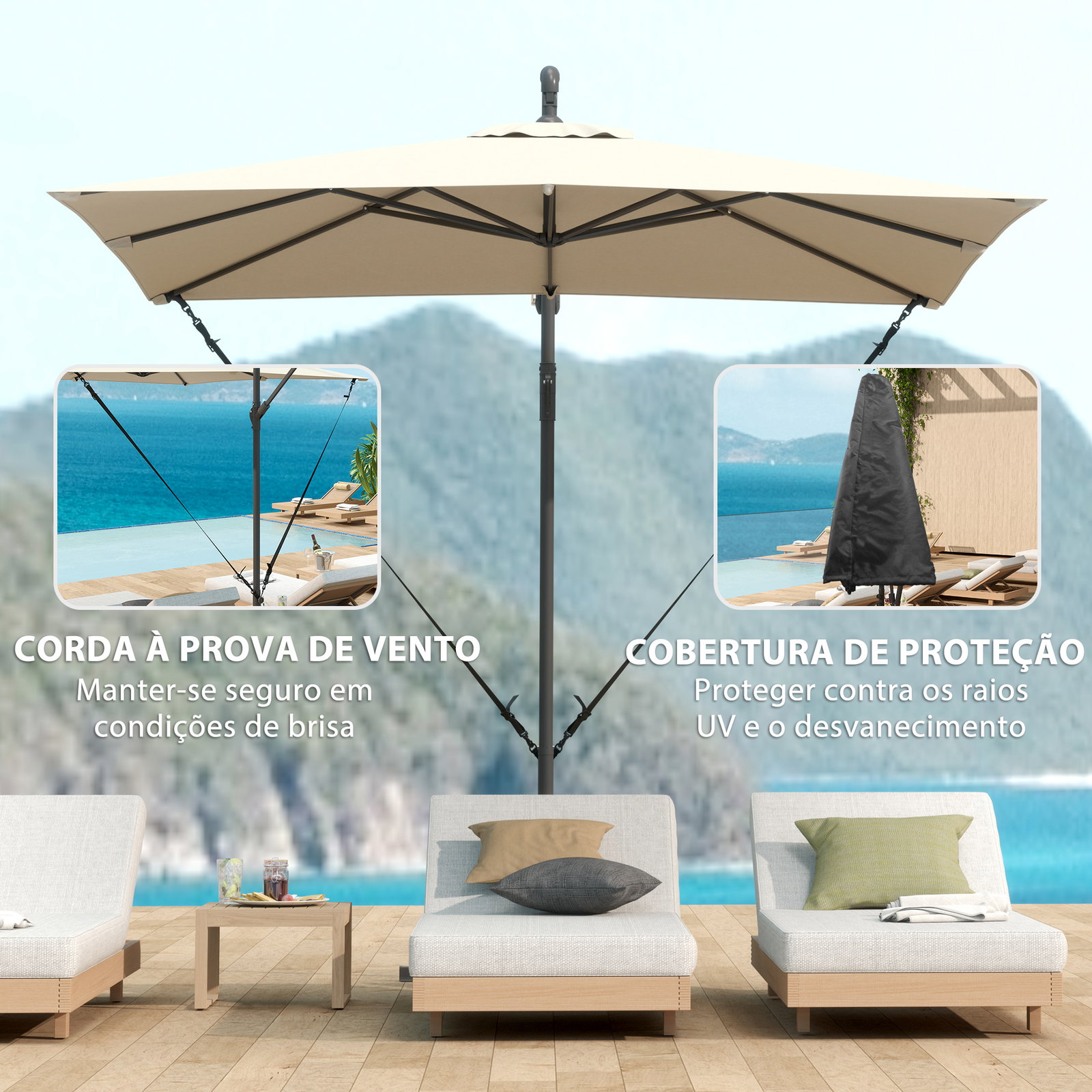 Chapéu de sol excêntrico 247x247 cm com base cruzada, manivela, capa protetora e toldo giratório 360° 247x247x256 cm caqui