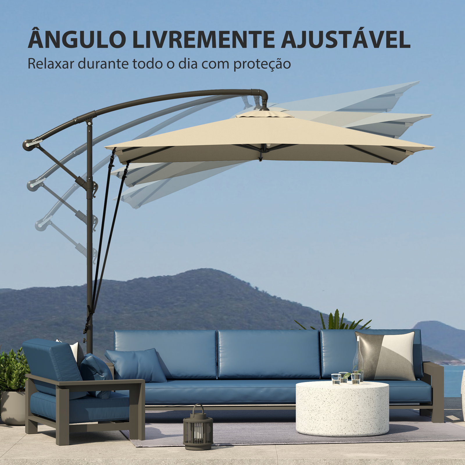 Chapéu de sol excêntrico 247x247 cm com base cruzada, manivela, capa protetora e toldo giratório 360° 247x247x256 cm caqui