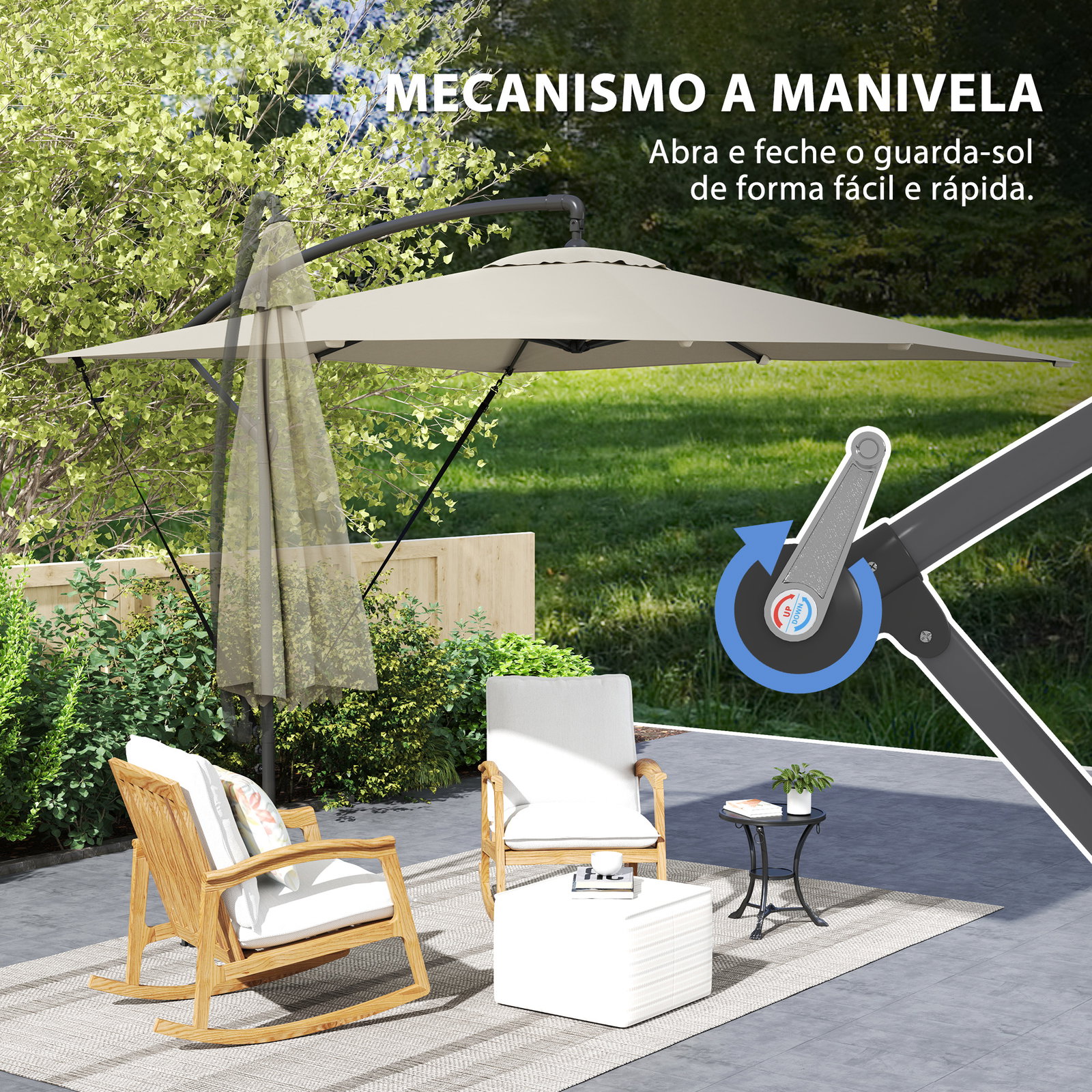 Chapéu de sol excêntrico 247x247 cm com base cruzada, manivela, capa protetora e toldo giratório 360° 247x247x256 cm caqui