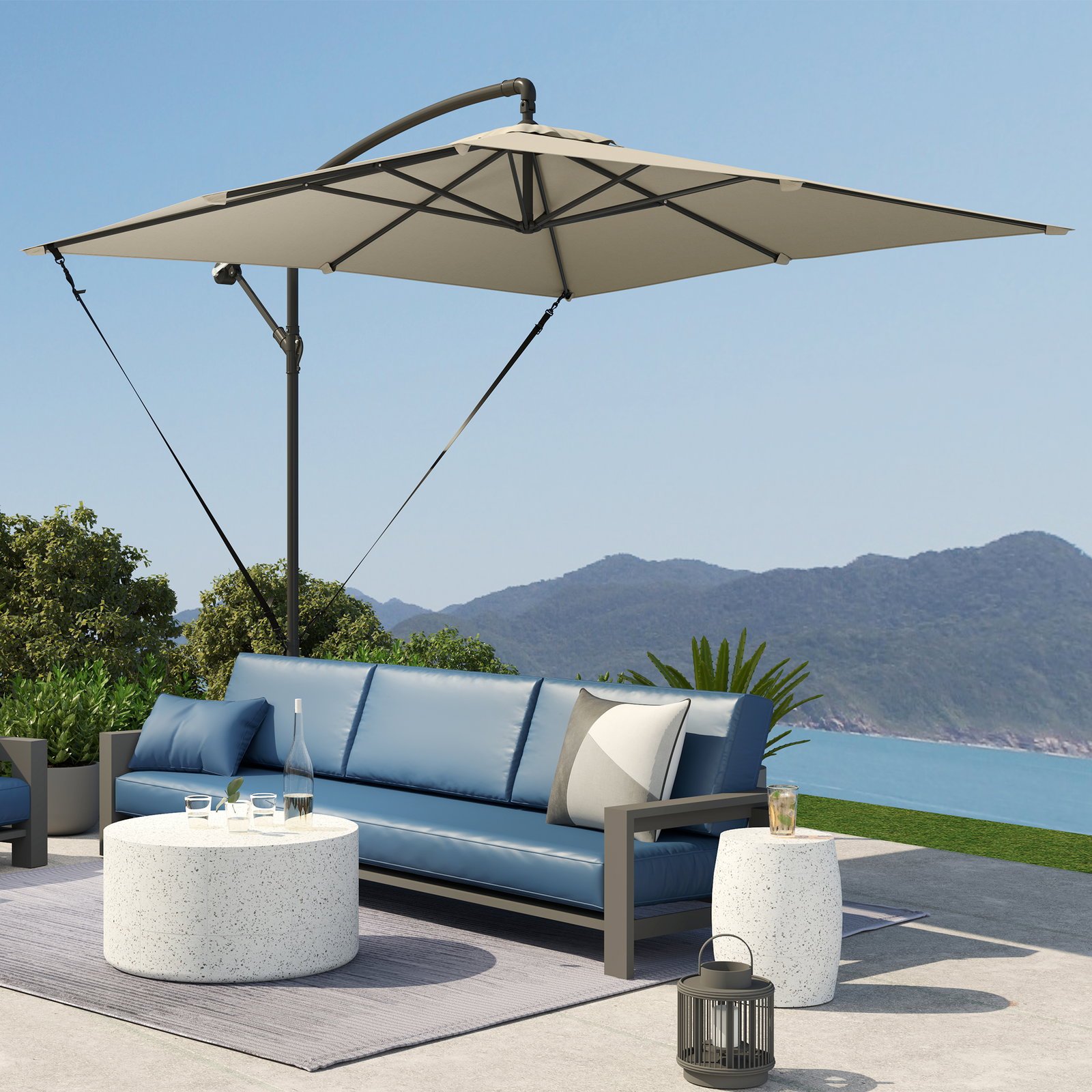 Chapéu de sol excêntrico 247x247 cm com base cruzada, manivela, capa protetora e toldo giratório 360° 247x247x256 cm caqui