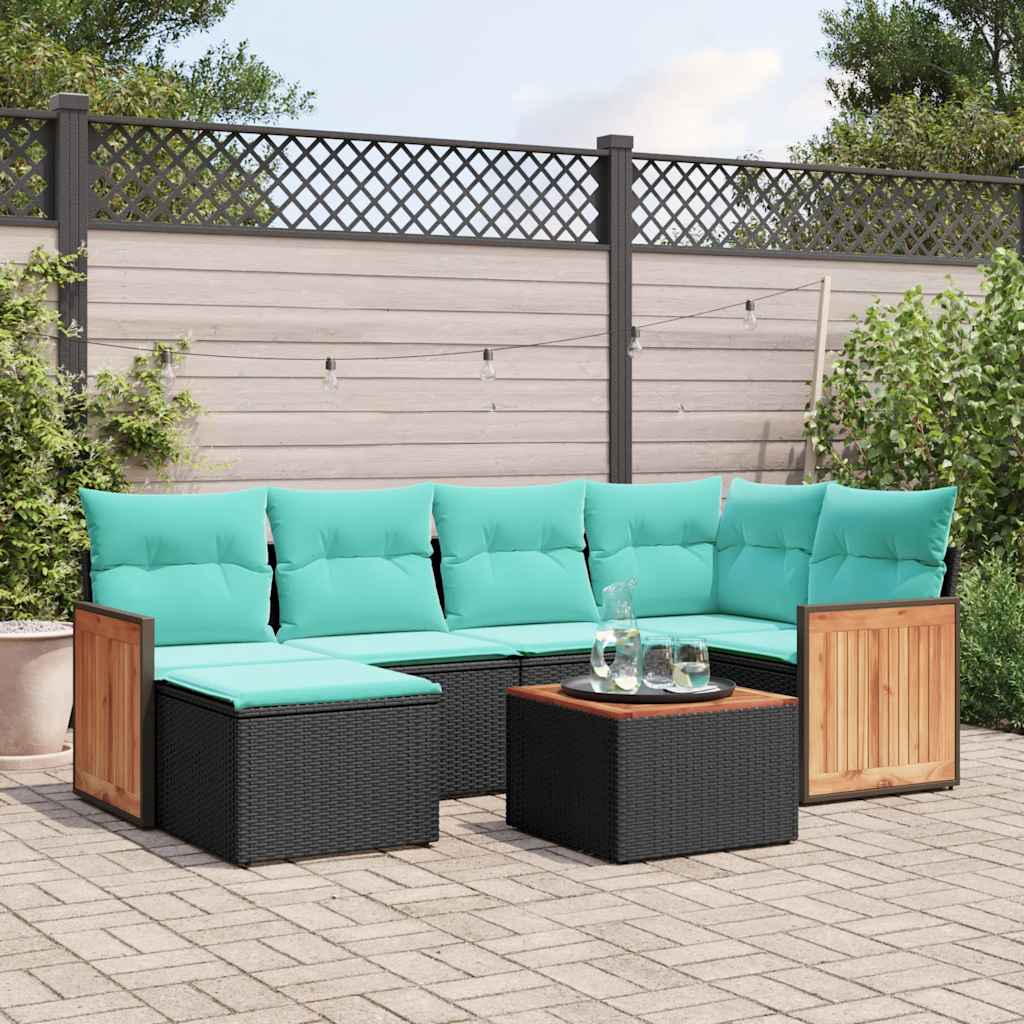 Conjunto de sofá de jardim com 7 peças e almofadas em rattan sintético preto