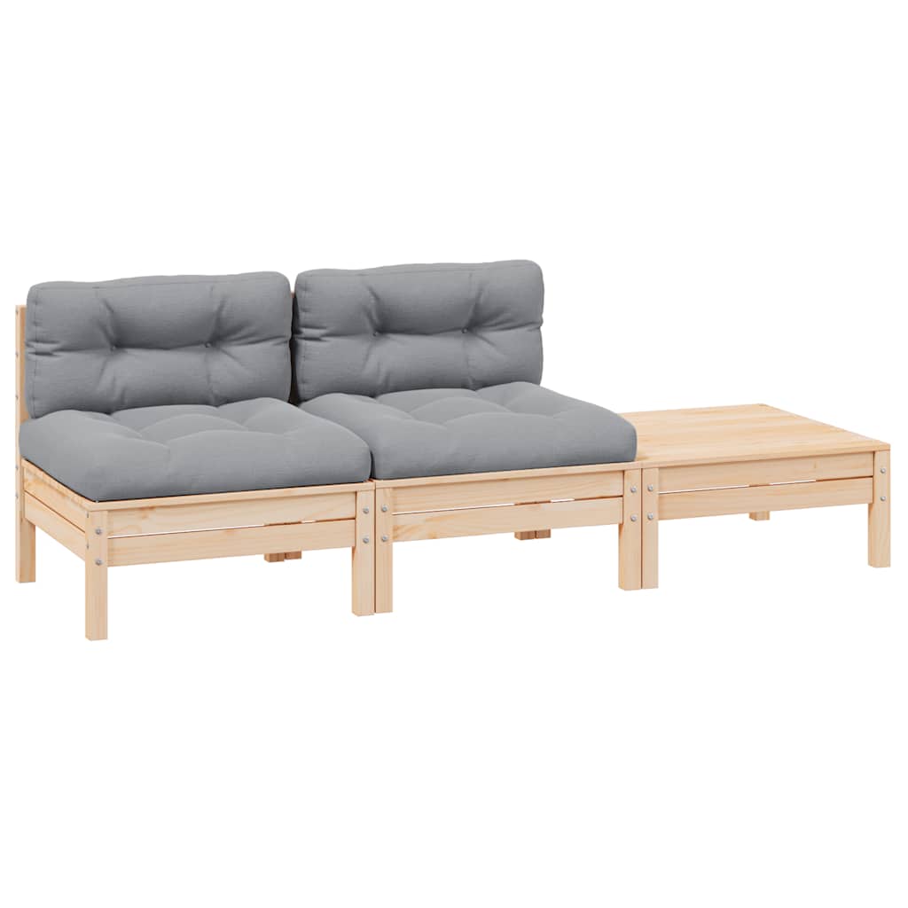 3 Pcs conj. lounge de jardim c/ almofadões cinza pinho maciço