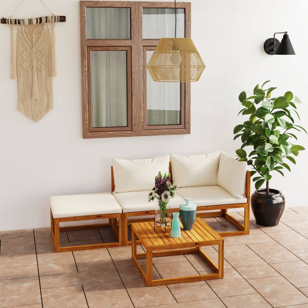 4 Pcs conj. lounge jardim c/ almofadões cor creme acácia maciça