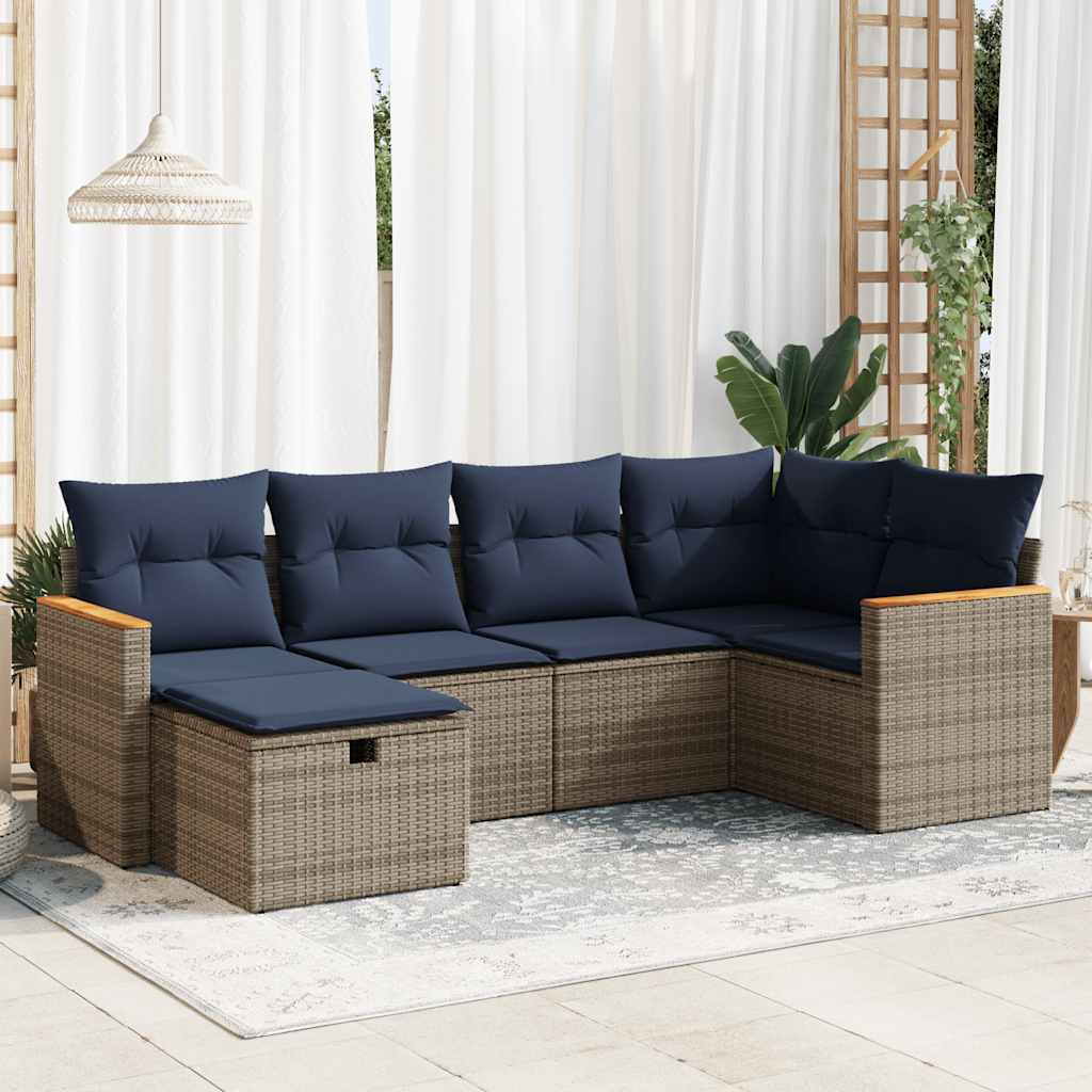 6 Pcs conjunto sofás de jardim com almofadões vime cinzento