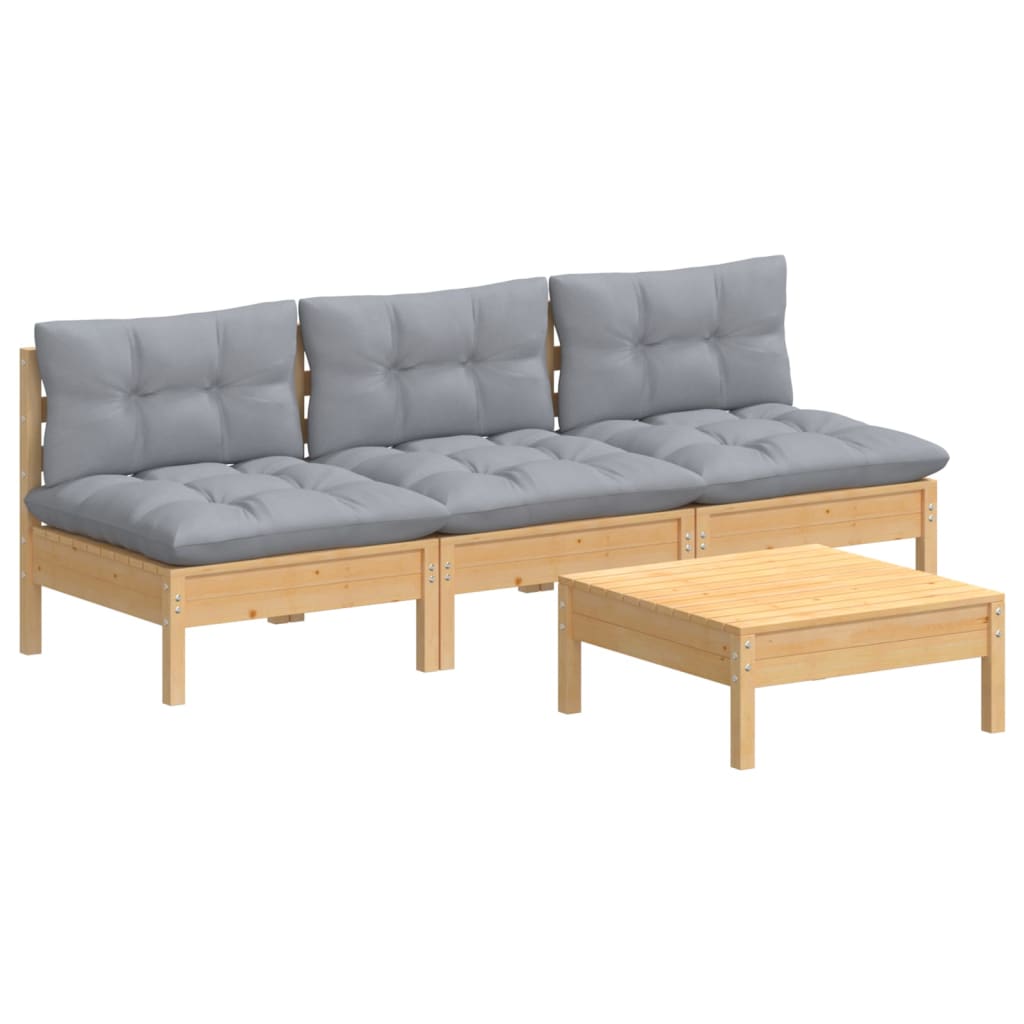 4 Pcs conjunto lounge de jardim c/ almofadões cinzentos pinho
