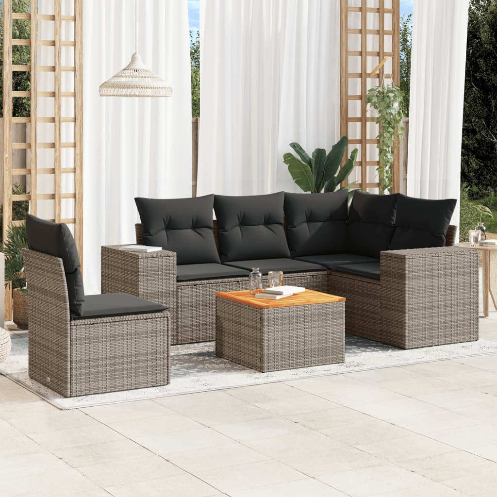 6 Pcs conjunto sofás de jardim com almofadões vime cinzento