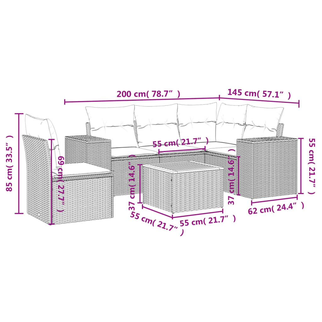 6 Pcs conjunto sofás de jardim com almofadões vime cinzento