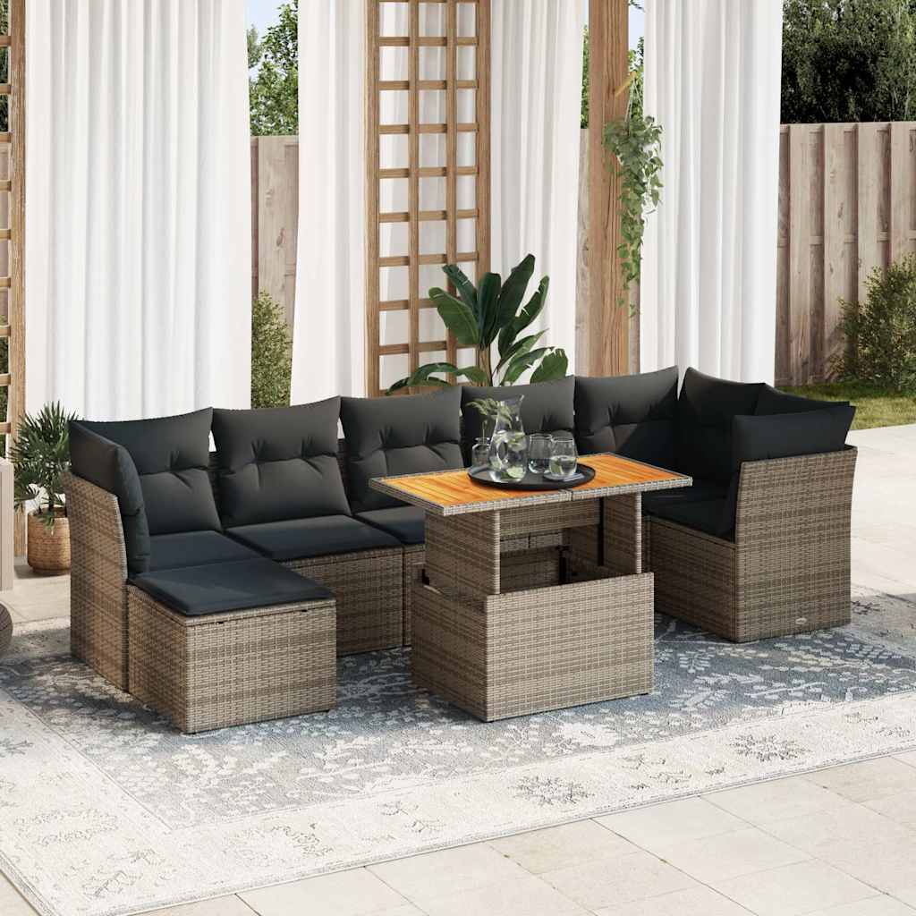 8 Pcs conjunto sofás de jardim c/ almofadões vime PE cinzento