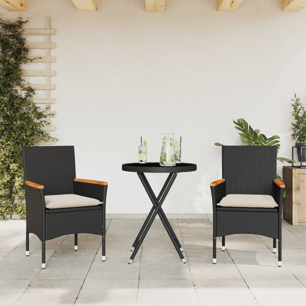 3 Pcs conjunto de bistrô com almofadões vime PE/vidro preto